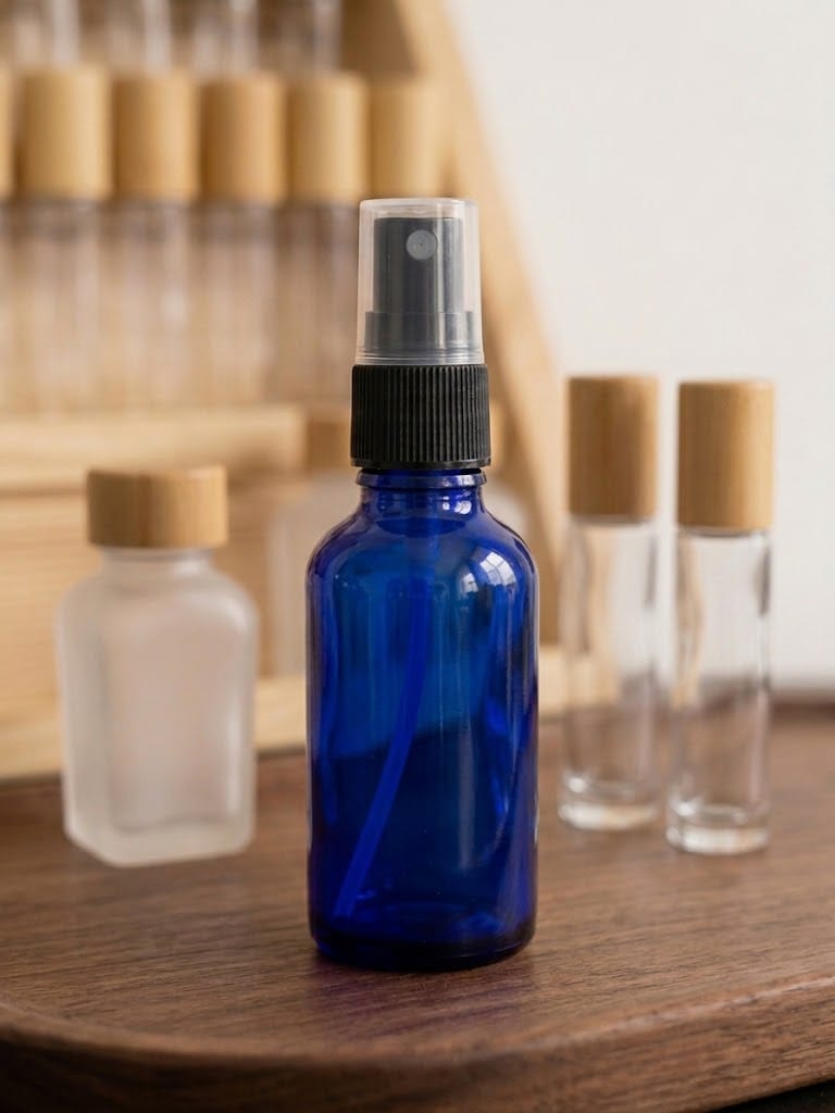 Modrá skleněná 30 ml lahvička s rozprašovačem je ideální na hydroláty, osvěžovače, pleťové spreje. Opakovaně použitelná a praktická i na cesty.