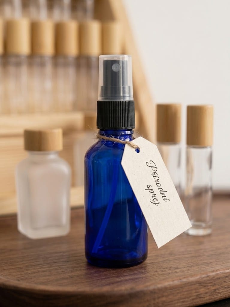 Modrá skleněná 30 ml lahvička s rozprašovačem je ideální na hydroláty, osvěžovače, pleťové spreje. Opakovaně použitelná a praktická i na cesty.