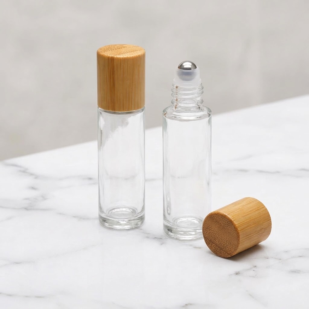 Skleněný roll-on 10 ml s bambusovým víčkem a kovovou kuličkou